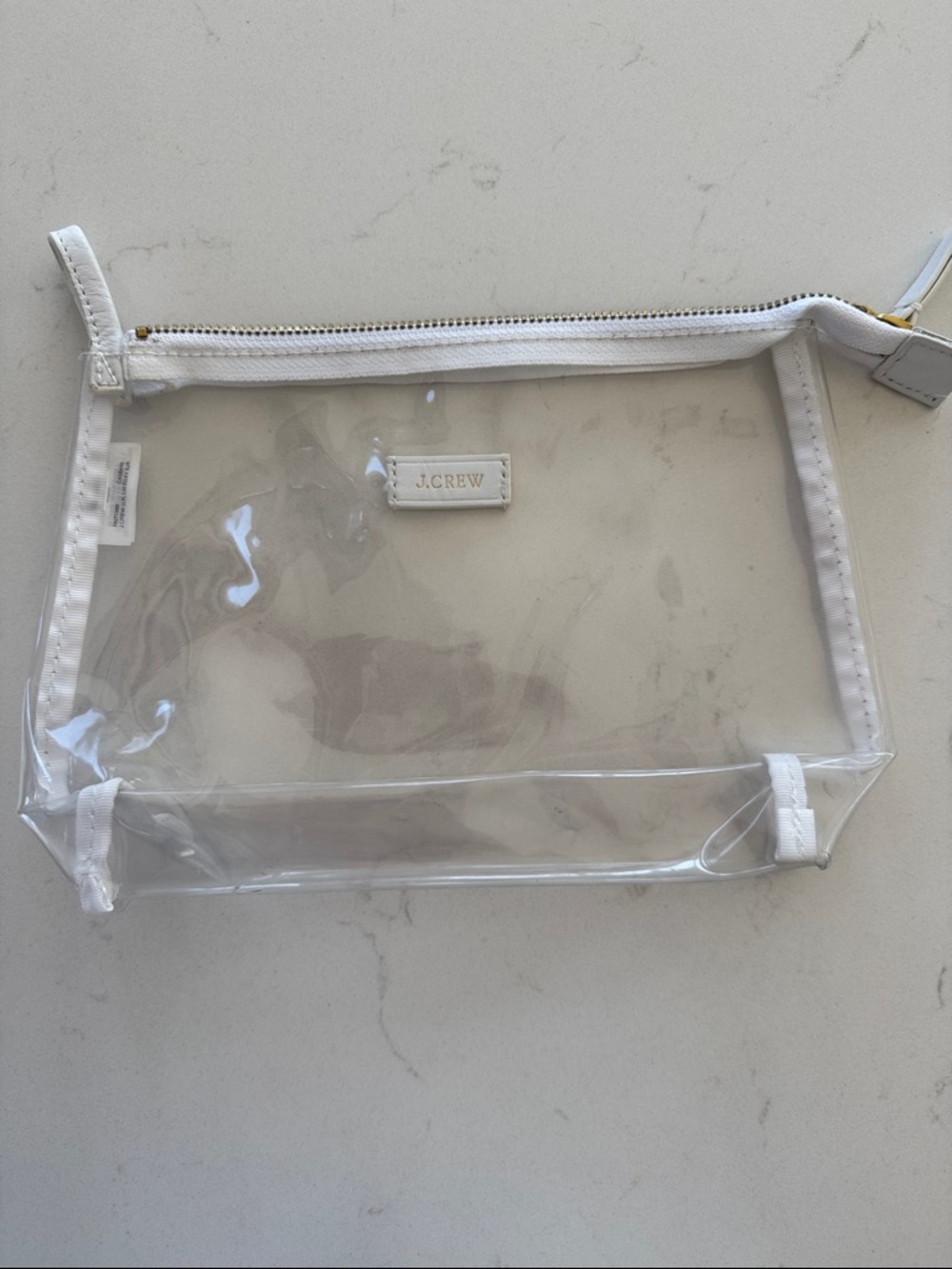 J. Crew Clear Vinyl Cosmetic Pouch with White Trim and Gold Zipper